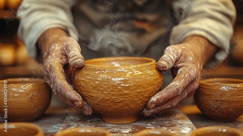 Male potter with dusty hands shaping a clay bowl in a rustic pottery studio. photo