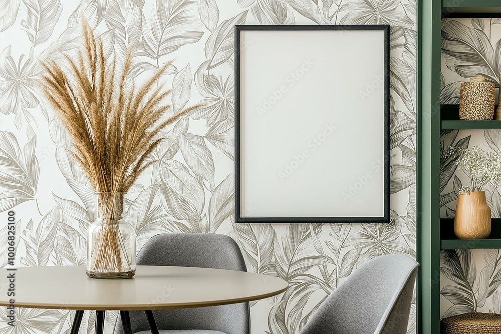 Elegant Interior Decor Composition Featuring Botanical Wallpaper and Neutral Tones