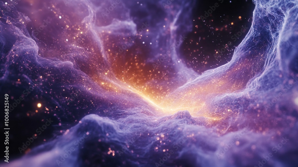 Abstract purple and gold nebula with glowing particles Abstract purple and gold nebula with glowing particles