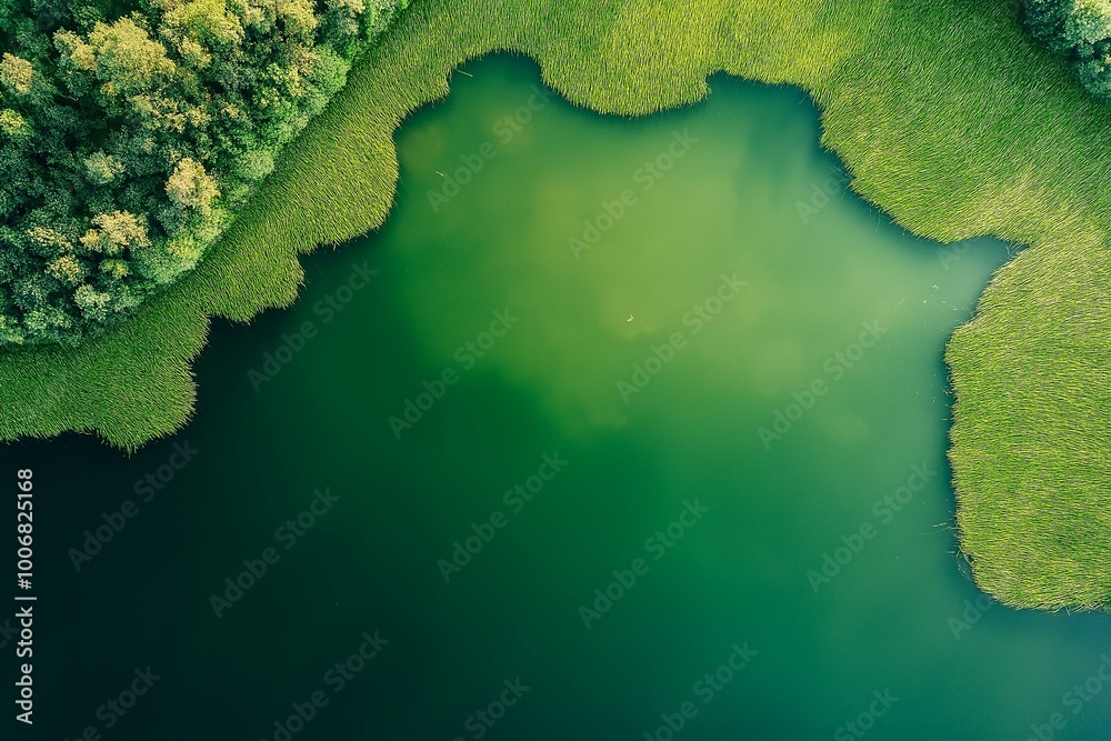 Aerial Serenity of Natural Water Body Curled among Lush Grass
