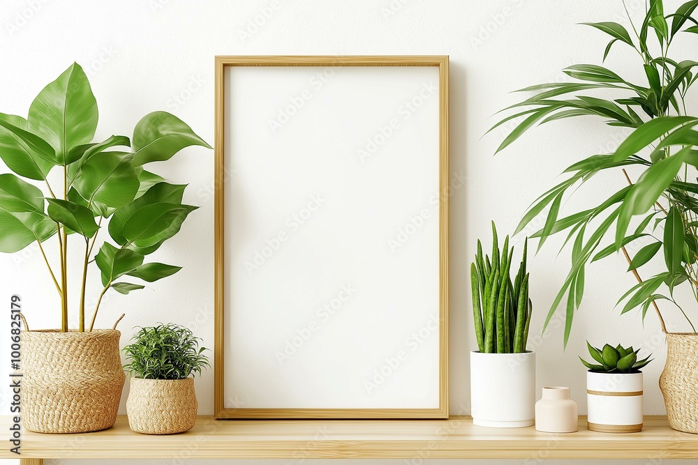 Minimalist Indoor Plant Setup with Blank Poster Frame