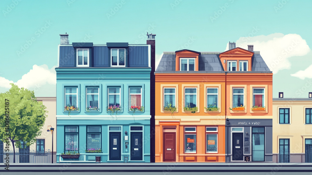 Flat design of buildings on the street Flat design of buildings on the street