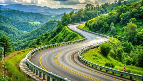 Winding highway flanked by rustic guardrails, directional arrows, and warning signs creates a serene frame, showcasing the tranquil beauty of the verdant landscape.