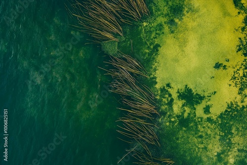 Obraz na płótnie Aerial Perspective of Reeds Along a Water Body in a Swamp Area w salonie