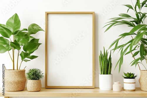 Obraz na płótnie Minimalist Indoor Plant Setup with Blank Poster Frame w salonie