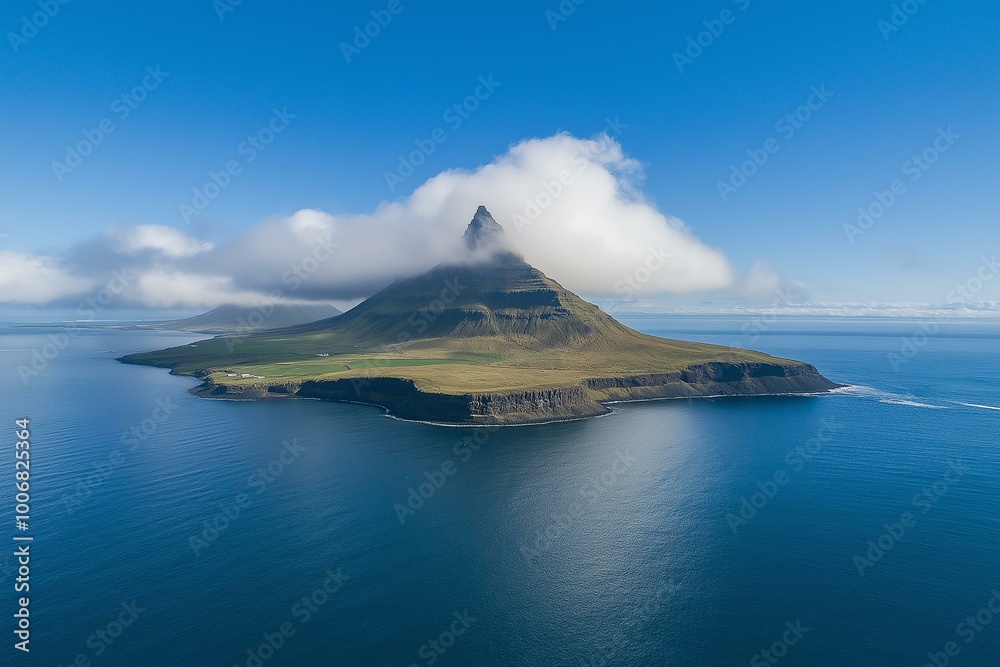 Breathtaking Aerial View of a Majestic Mountain Rising Above the Ocean