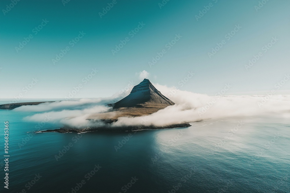 Majestic Aerial View of a Solitary Mountain Piercing Through Morning Mist