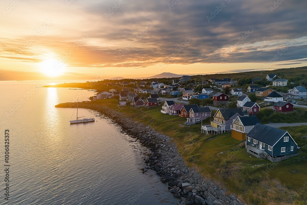 Serene Sunset Over Coastal Village