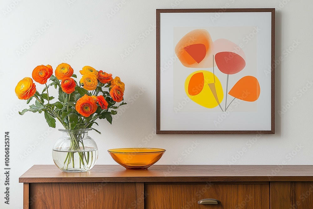 Vibrant Home Decor Display Featuring Fresh Flowers and Abstract Art