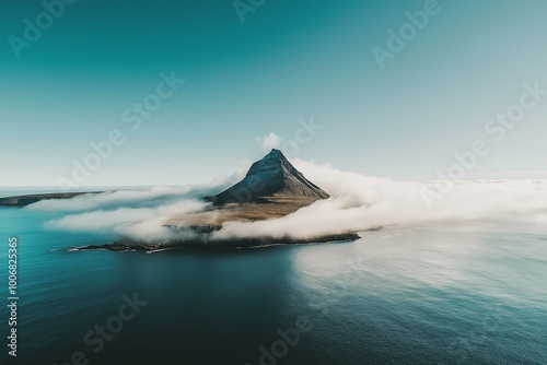 Obraz na płótnie Majestic Aerial View of a Solitary Mountain Piercing Through Morning Mist w salonie