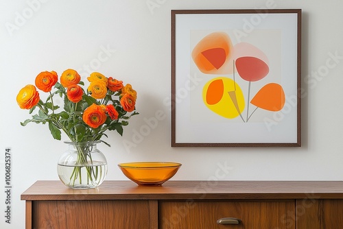 Obraz na płótnie Vibrant Home Decor Display Featuring Fresh Flowers and Abstract Art w salonie