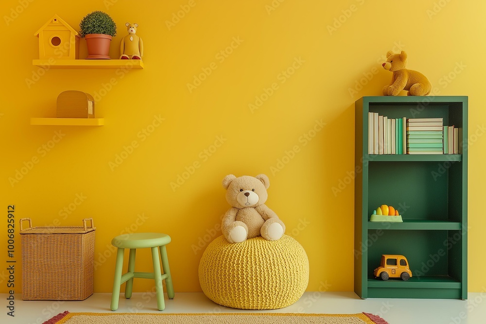 Bright and Cheerful Children's Room Setup with Plush Toys and Decorative Shelving