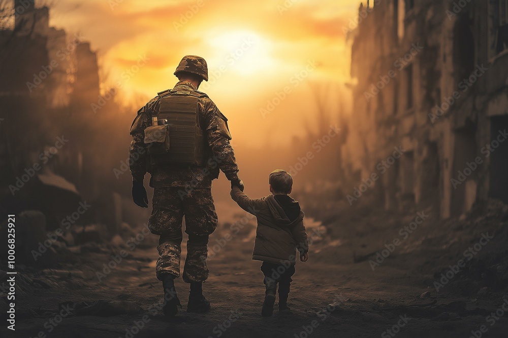 Evocative Image of a Soldier Walking with a Child in a War-Torn Setting