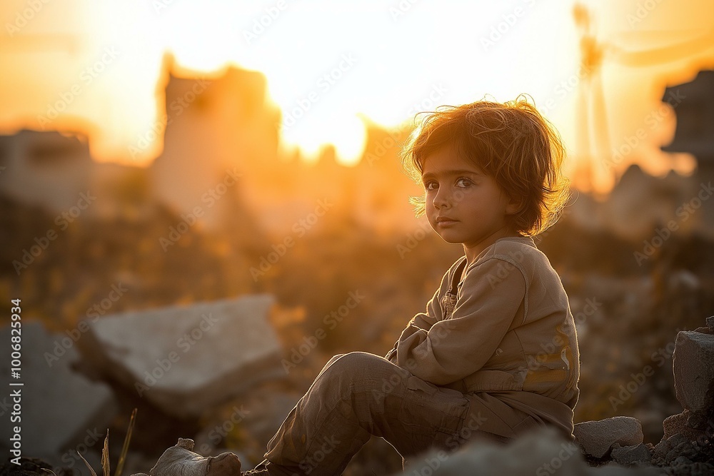 Evocative Portrait of a Young Child Amidst Ruins at Sunset