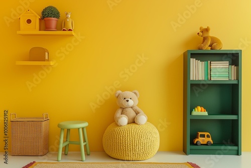Bright and Cheerful Children's Room Setup with Plush Toys and Decorative Shelving