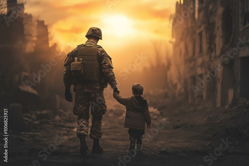 Obraz na płótnie Evocative Image of a Soldier Walking with a Child in a War-Torn Setting w salonie