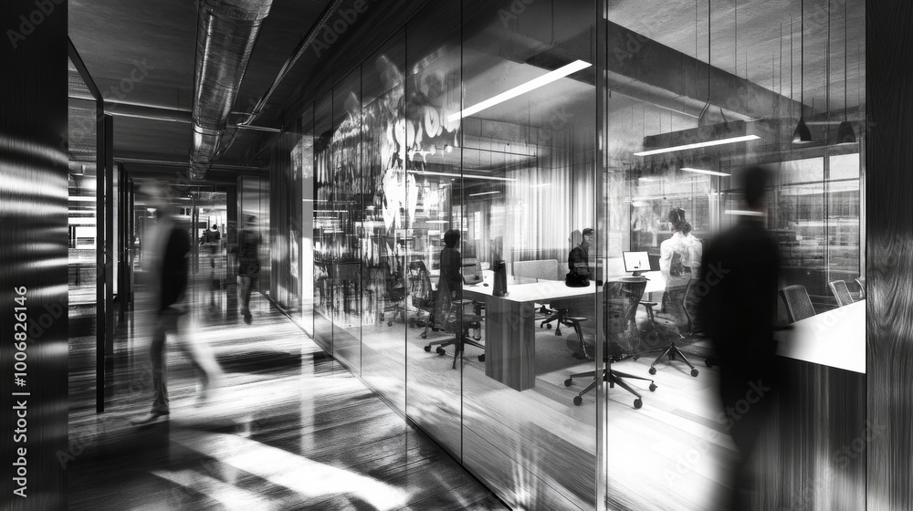 Obraz premium Modern Office Space with Glass Walls and Busy Environment
