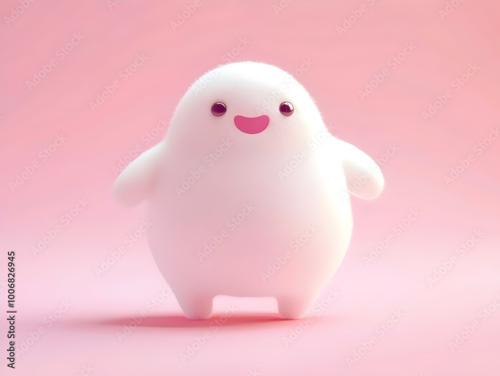 A cute, white, fluffy character with pink cheeks smiles against a pink background. A cute, white, fluffy character with pink cheeks smiles against a pink background.