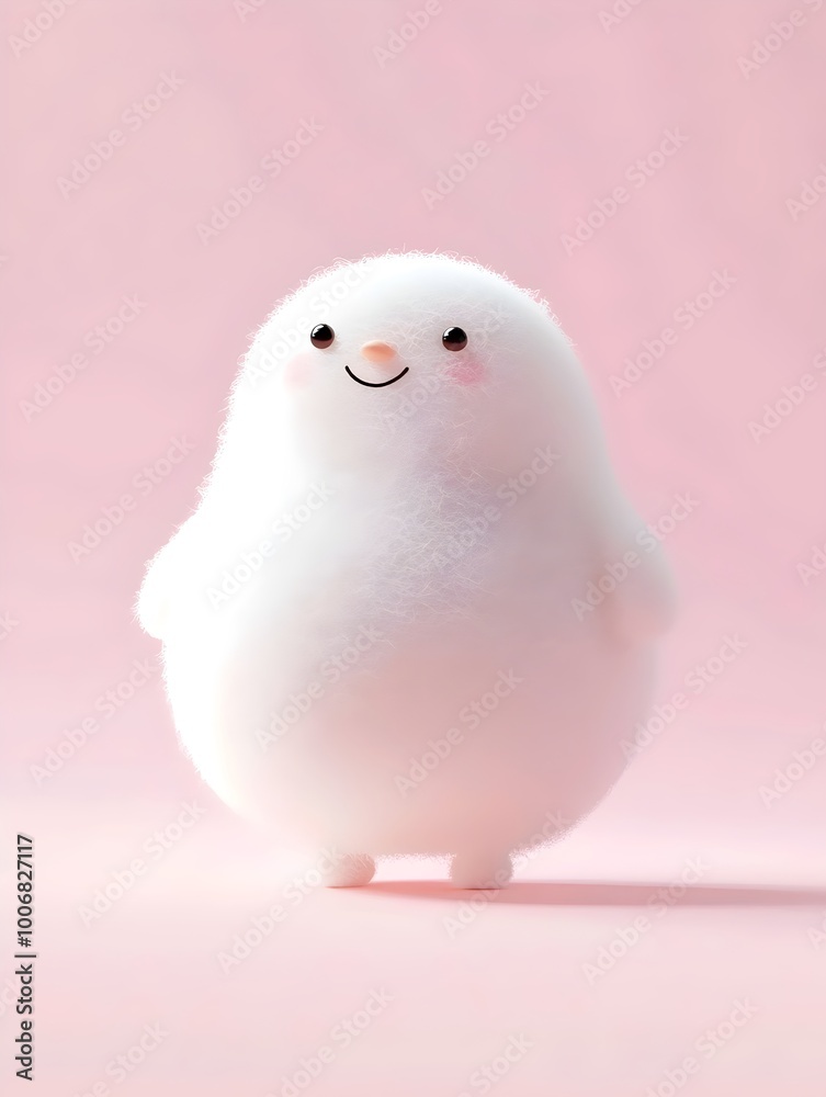 A cute white plush toy with a big smile, standing on a pink background. A cute white plush toy with a big smile, standing on a pink background.