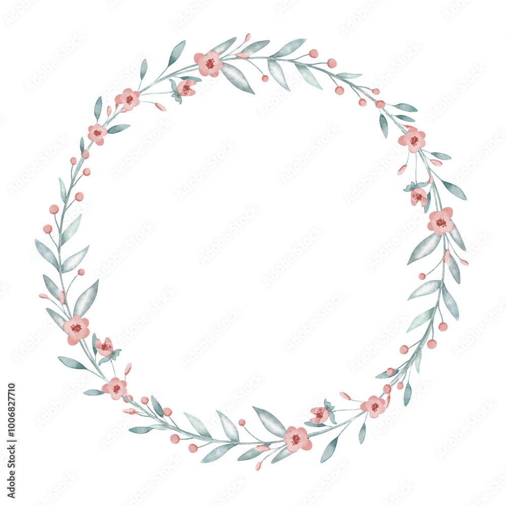 Floral Wreath with pastel pink Flowers and green blue leaves for greeting cards or invitations. Watercolor illustration for postcards template. Drawing of circular Frame on isolated background. Floral Wreath with pastel pink Flowers and green blue leaves for greeting cards or invitations. Watercolor illustration for postcards template. Drawing of circular Frame on isolated background.