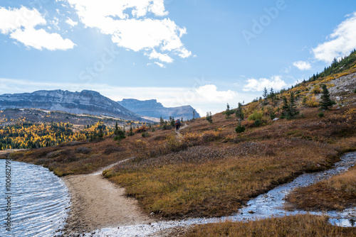 Baker Lake shore on Skoki Loop trail near Lake Louise, Alberta, Canada on a fall day. photo