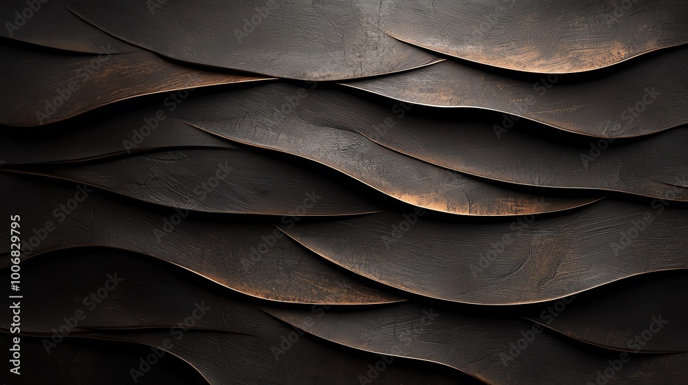 Obraz premium Abstract dark wave pattern on metallic surface with a moody texture. Ideal for backgrounds and artistic concepts in design.