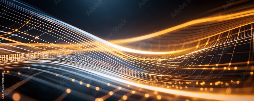 Abstract digital wave lines with glowing points on a dark background. Futuristic technology concept for data transfer or communication. Abstract digital wave lines with glowing points on a dark background. Futuristic technology concept for data transfer or communication.