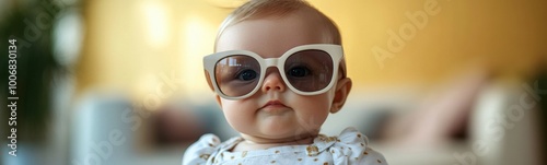 Baby wearing sunglasses and a dress with a bow