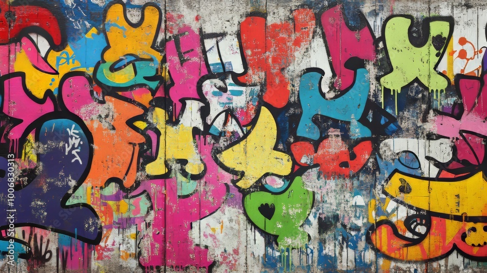 A colorful graffiti mural featuring abstract shapes and vibrant hues covers an urban wall highlighting street art culture. A colorful graffiti mural featuring abstract shapes and vibrant hues covers an urban wall highlighting street art culture.