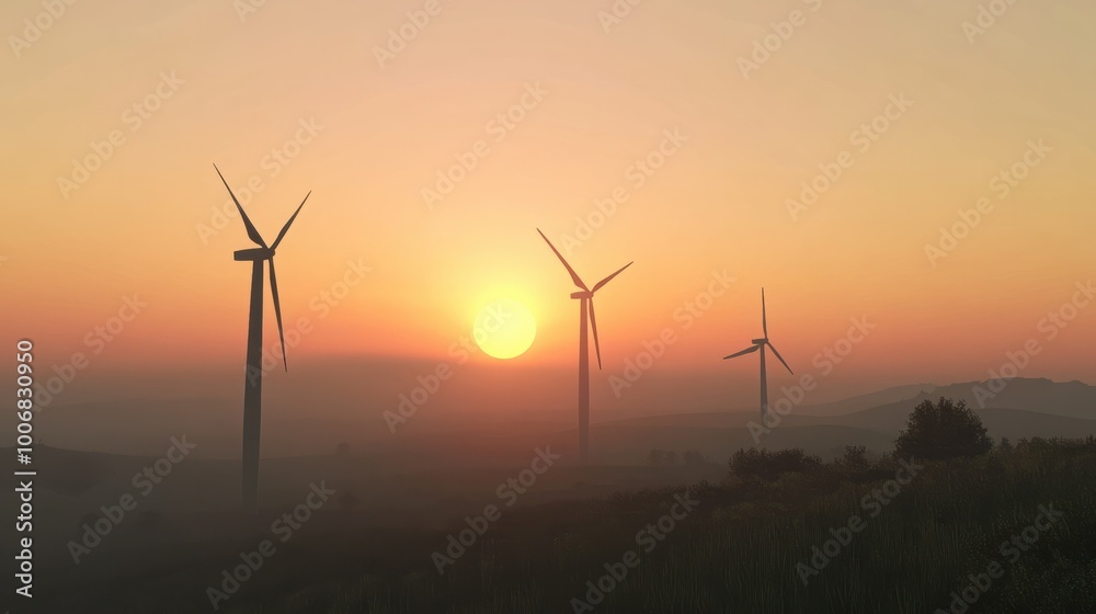A wind farm with three wind turbines and a sun setting in the background A wind farm with three wind turbines and a sun setting in the background