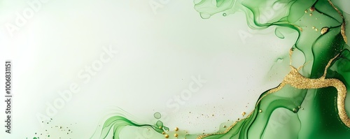 Obraz na płótnie Abstract green and gold ink art with fluid shapes on a light background, creating a vibrant and elegant design. Perfect for modern decor. w salonie