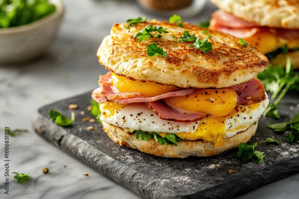 food presentation, delightful english muffin breakfast sandwich with egg, ham, and cheese on a marble board makes for a lovely morning treat food presentation, delightful english muffin breakfast sandwich with egg, ham, and cheese on a marble board makes for a lovely morning treat