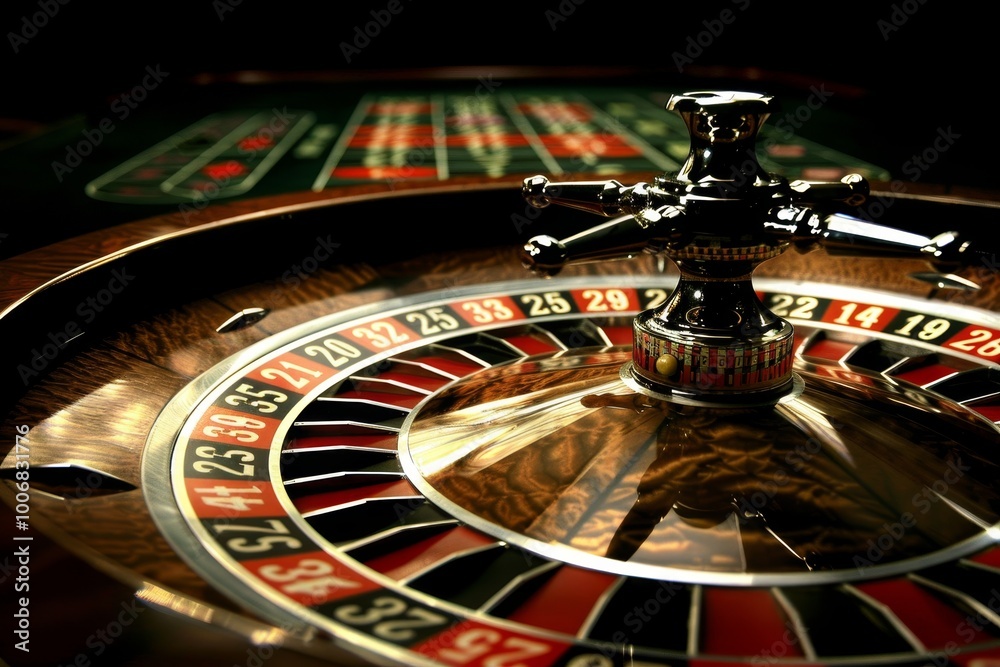 Obraz premium Vibrant casino atmosphere featuring poker chips, roulette players, and colorful slot machines