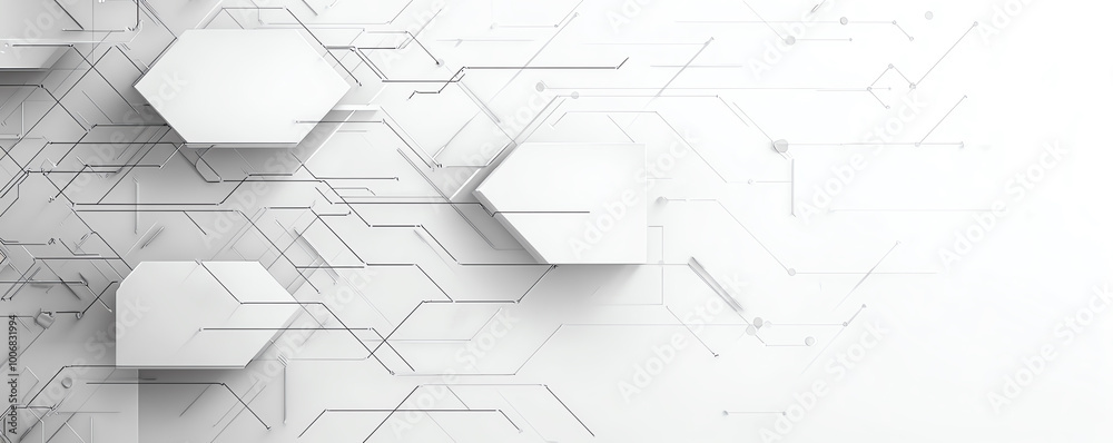Obraz premium Abstract technological background with white hexagonal shapes and circuit lines, representing modern technology and innovation.