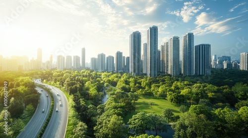 High-rise city buildings tower over a green space and road, offering a mix of urban density and natural serenity. photo