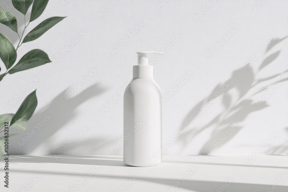 White Pump Bottle Mockup With Leaf Shadows White Pump Bottle Mockup With Leaf Shadows