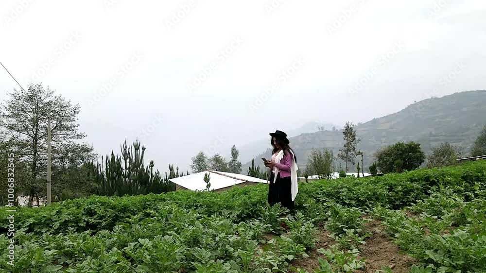 Video de una feliz y bonita campesina con un sombrero hablando por un teléfono celular en los Andes peruanos. Mujer usando teléfono móvil