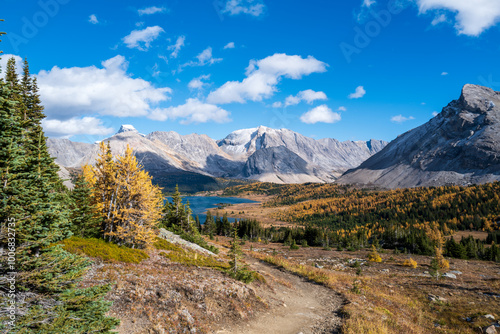 Baker Lake on Skoki Loop trail near Lake Louise, Alberta, Canada on a fall day.