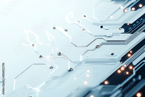 Close-up image of a modern electronic circuit board with glowing components, showcasing advanced technology and microchip design.