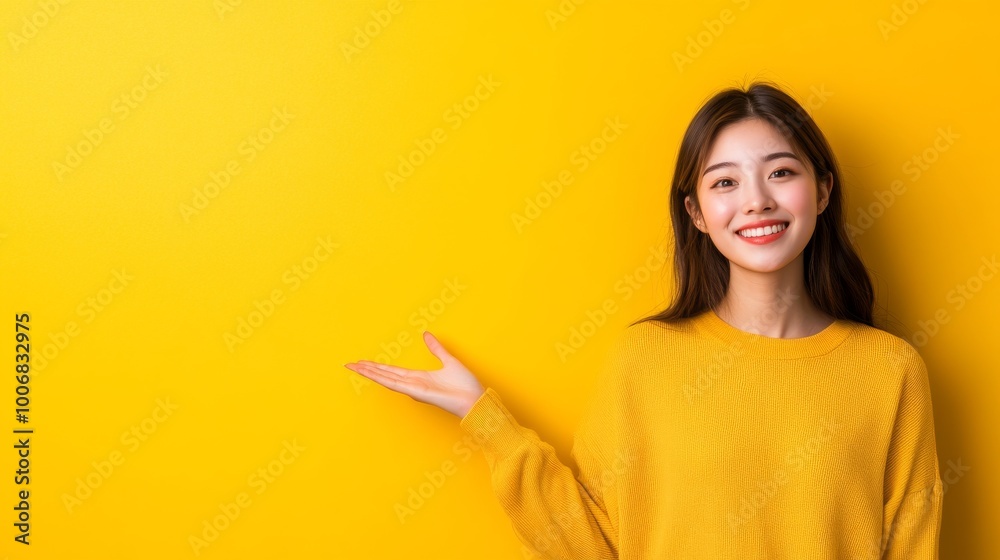 A young Asian woman stands against a pastel yellow background with a bright smile, gesturing toward the side with her open hand, suitable for product presentation