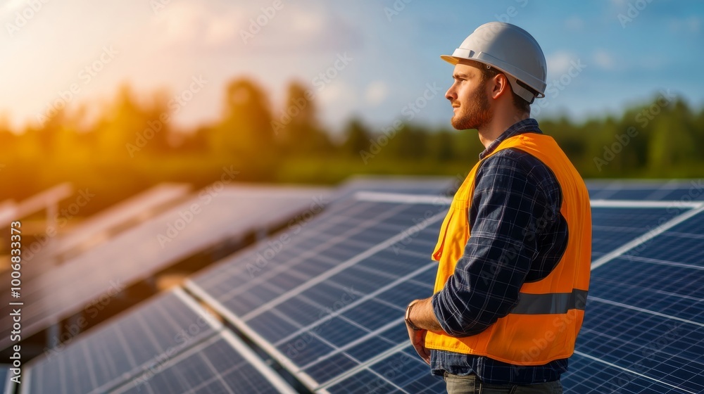 A confident young engineer wearing a hard hat and safety vest stands in front of a solar panel array, showcasing innovation in sustainable energy on a sunny day A confident young engineer wearing a hard hat and safety vest stands in front of a solar panel array, showcasing innovation in sustainable energy on a sunny day