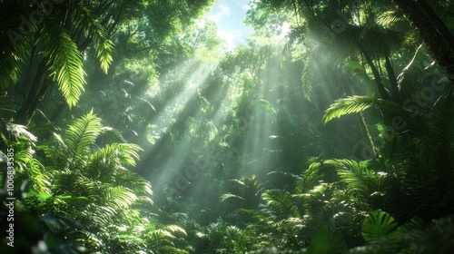 Sunlight shining through the trees in a tropical forest