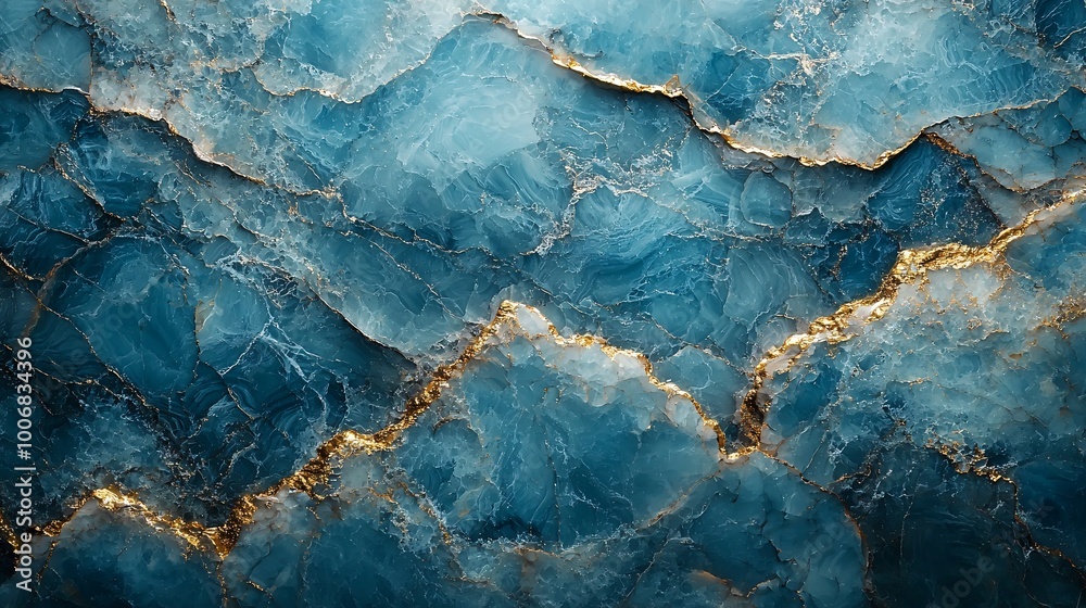 Fototapeta premium A smooth pastel blue marble background with fine gold veins weaving through, creating a serene and refined atmosphere