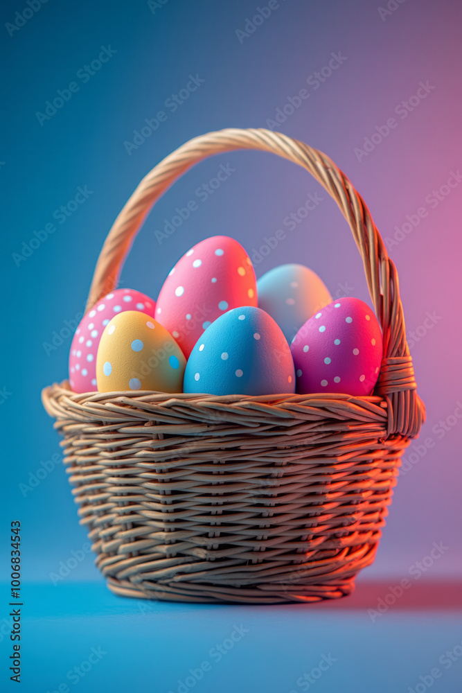 A basket filled with colorful Easter eggs, isolated on a soft pastel background, A basket filled with colorful Easter eggs, isolated on a soft pastel background,