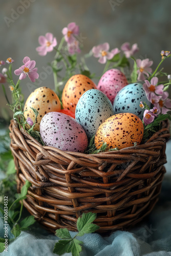 A basket filled with colorful Easter eggs, isolated on a soft pastel background,