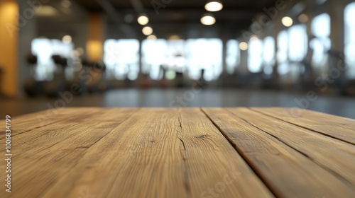 Blurred wooden table view of a modern gym or fitness center in the background. There is a clear focus on the wooden table or counter in the foreground. The wood surface looks rustic