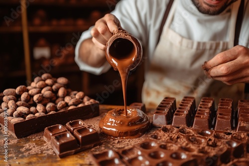 A chocolatier pouring melted chocolate into molds, surrounded by cacao beans and chocolate blocks, capturing the art of chocolate-making in a warm, rustic setting photo