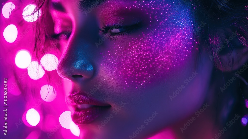 Neon Portrait: A Woman's Face Illuminated by Colorful Lights Neon Portrait: A Woman's Face Illuminated by Colorful Lights