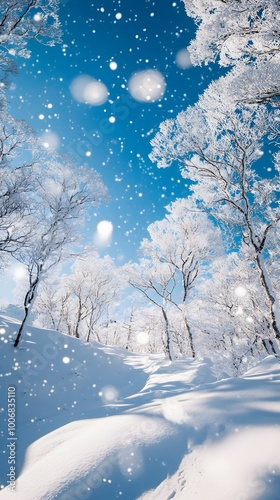 A snow-covered mountain range under a clear blue sky, with white clouds swirling around the peaks.