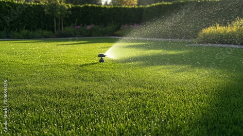 The automatic sprinkler disperses a fine mist over the lush green lawn, enhancing the garden's freshness as sunlight forms small rainbows in the droplets